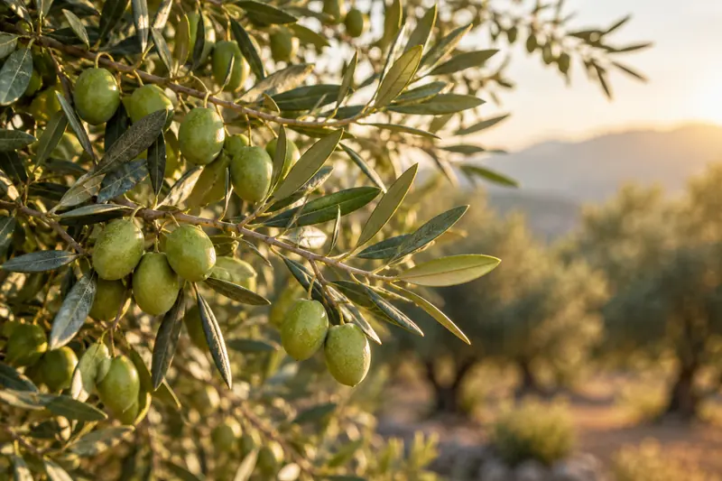 Rama de olivo cargada de aceitunas verdes con una finca de olivos al fondo
