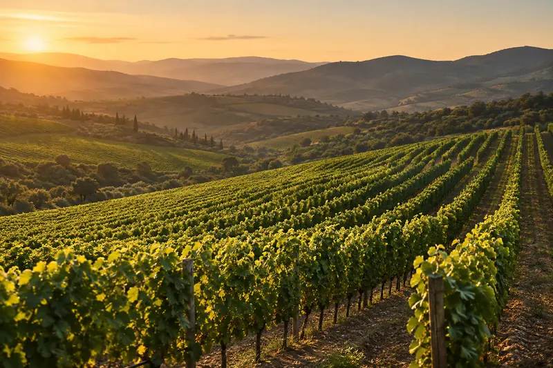 Filas de viñedo en una finca al atardecer