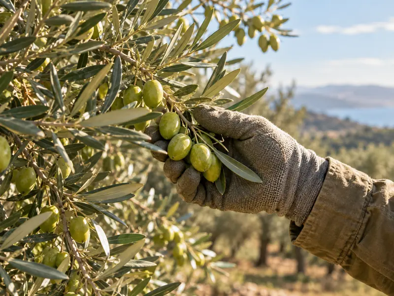 Mano con guante sujetando una rama de olivo con aceitunas