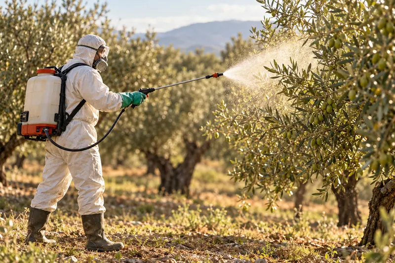 Operario con equipo de protección pulverizando un olivo con una mochila de tratamiento