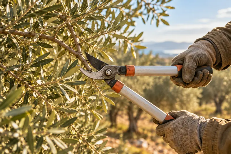 Manos con guantes podando una rama de olivo con unas tijeras de dos mangos